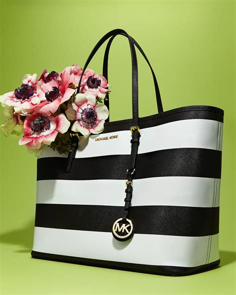 michael kors black and white striped handbag|Michael Kors black shoulder purse.